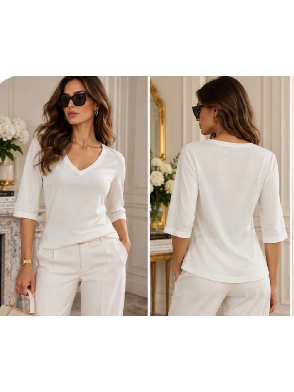Jil Sander Long Sleeve V-Neck Tee, White, Size L New